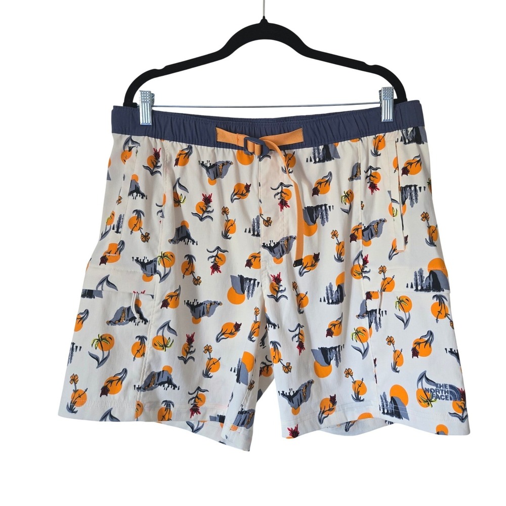 The North Face Mens L Class V Belted Shorts White Orange Landscape Floral Print